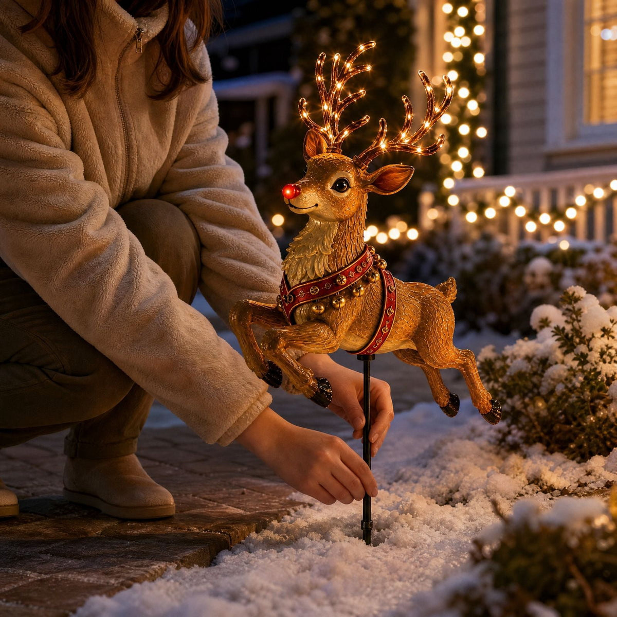 Christmas Reindeer Lighted Yard Stake, Bell and Snowflake Outdoor Decor for Lawn Garden Pathway Porch Holiday Display, 31.9 in