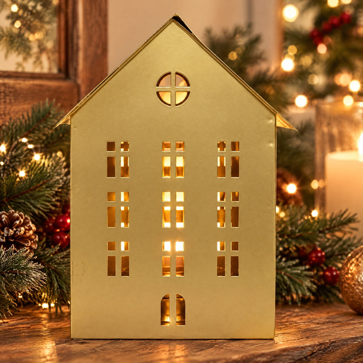 My Texas House Metal House Tealight Candle Holder Christmas Decoration, Gold, 8"