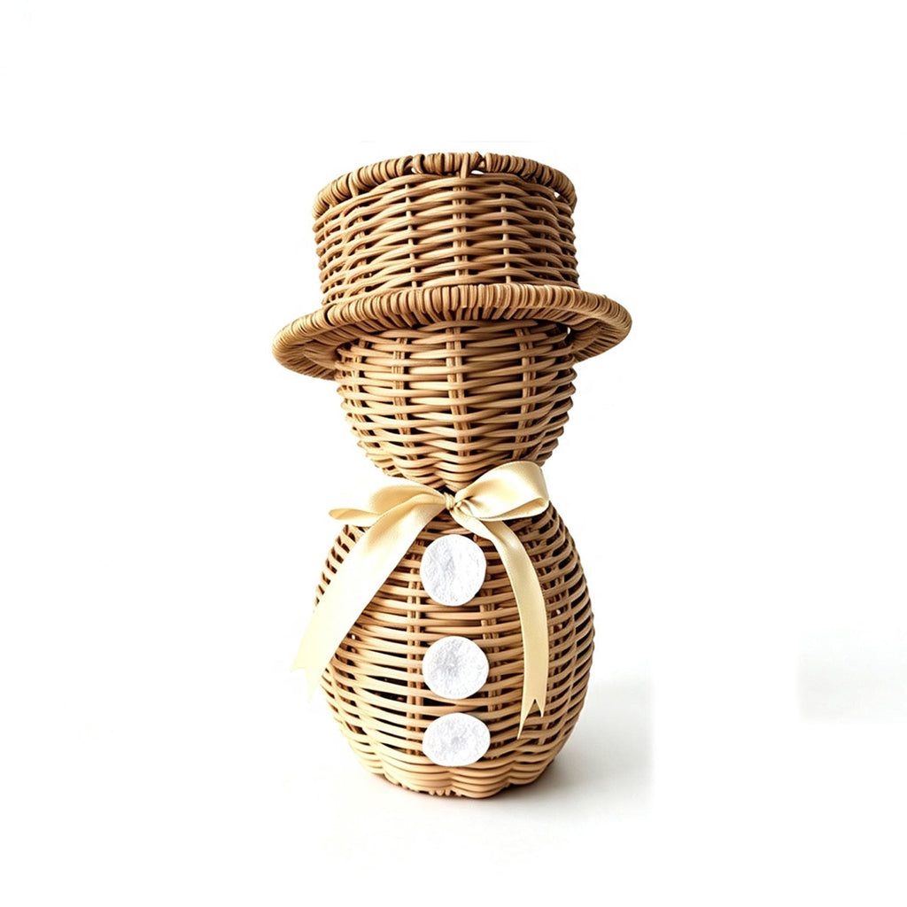 FeiBiQiuBi 14.9" Resin Rattan Style Snowman, Rustic Snowman Decorations with Bow, Woven Natural Style Freestanding Design Winter Farmhouse Decor for Home Kitchen Garden, Holiday Table Mantel Decor