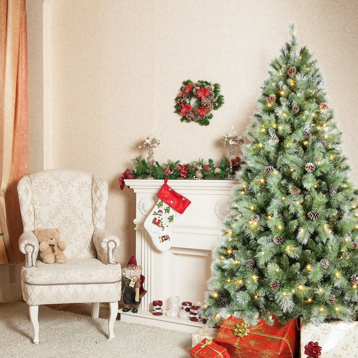 Artificial 7ft Green Christmas Tree with 1348PVC/Hard Needle Mixed Branch Tips,Pine cone,Hinged Premium & Foldable Base for Indoor Holiday Decorating