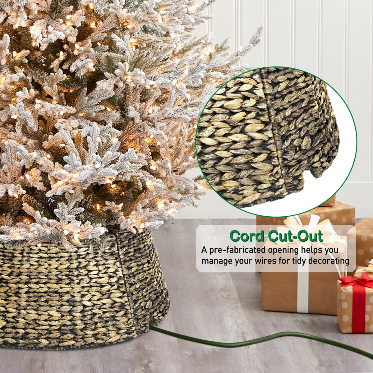 Ayieyill 26in Woven Hyacinth Christmas Tree Collar, Christmas Tree Decorations, Tree Skirt Accessory w/ Cord Cut-Out | Black