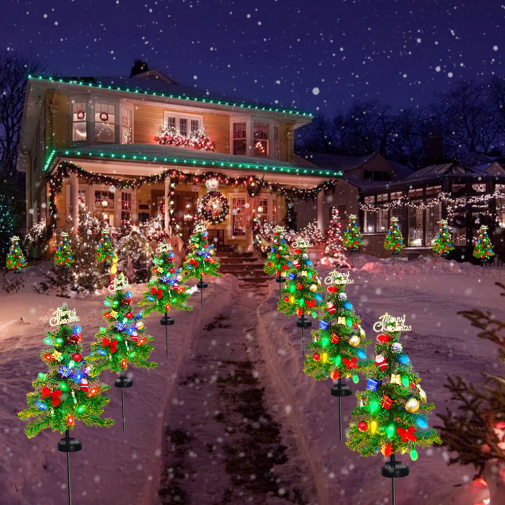 Gnmfd Solar Christmas Tree Outdoor Decorative LED Lights, Bow and Merry Christmas Ground Insert Lights, Waterproof Yard Holiday Lighting for Porch Garden Patio Landscape Decoration