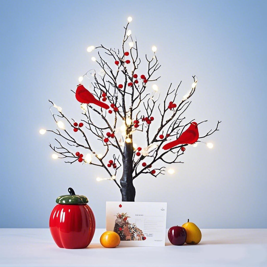 Vintage Glowing Tree with Cardinals, 21 in Little Red Bird Tree Light, New LED Mini White Birch Tree with Berries, Indoor Office Decor for Christmas, Halloween