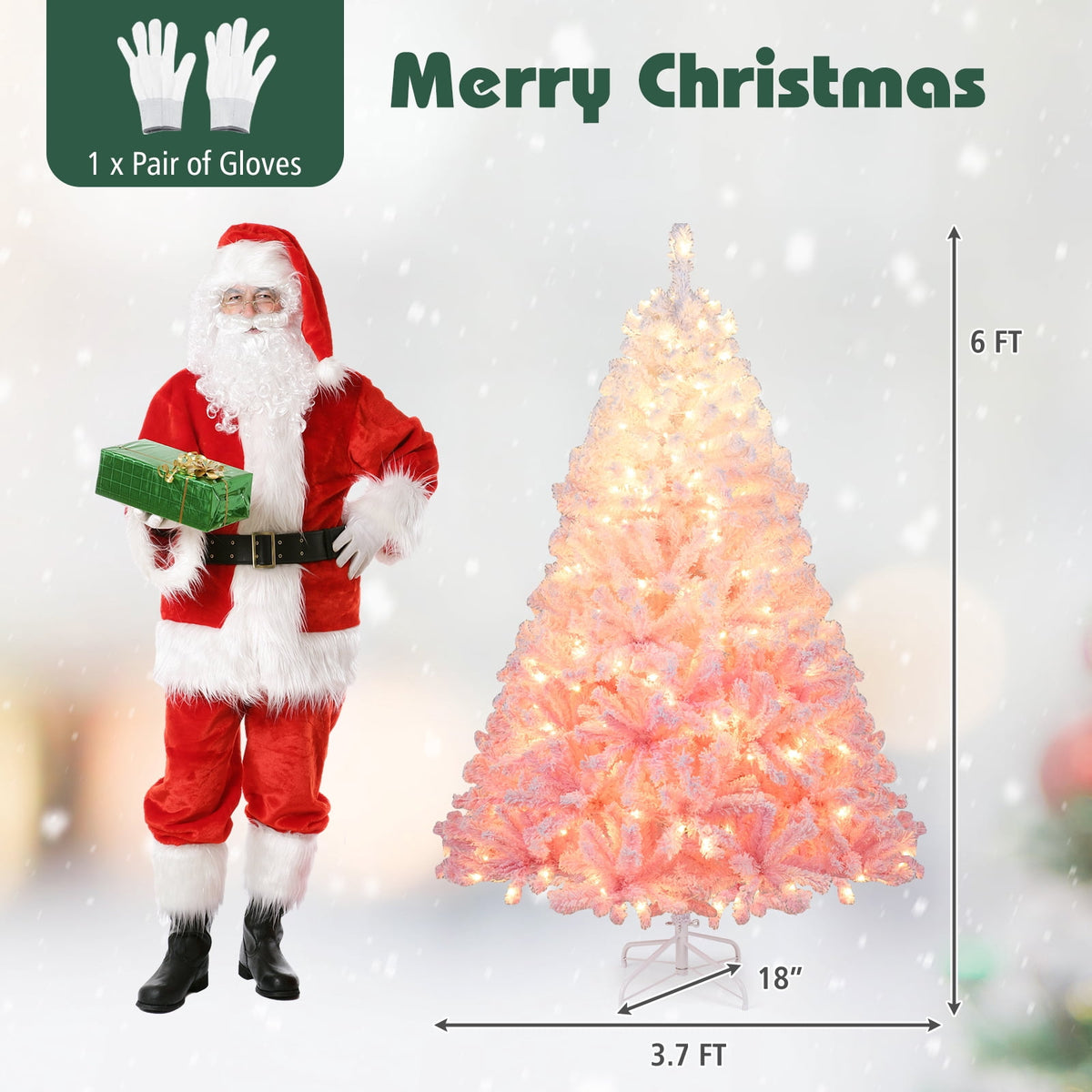 Costway 6 FT Artificial Christmas Tree with 250 Warm White LED Lights, 8 Lighting Modes & Folding Metal Stand White & Pink