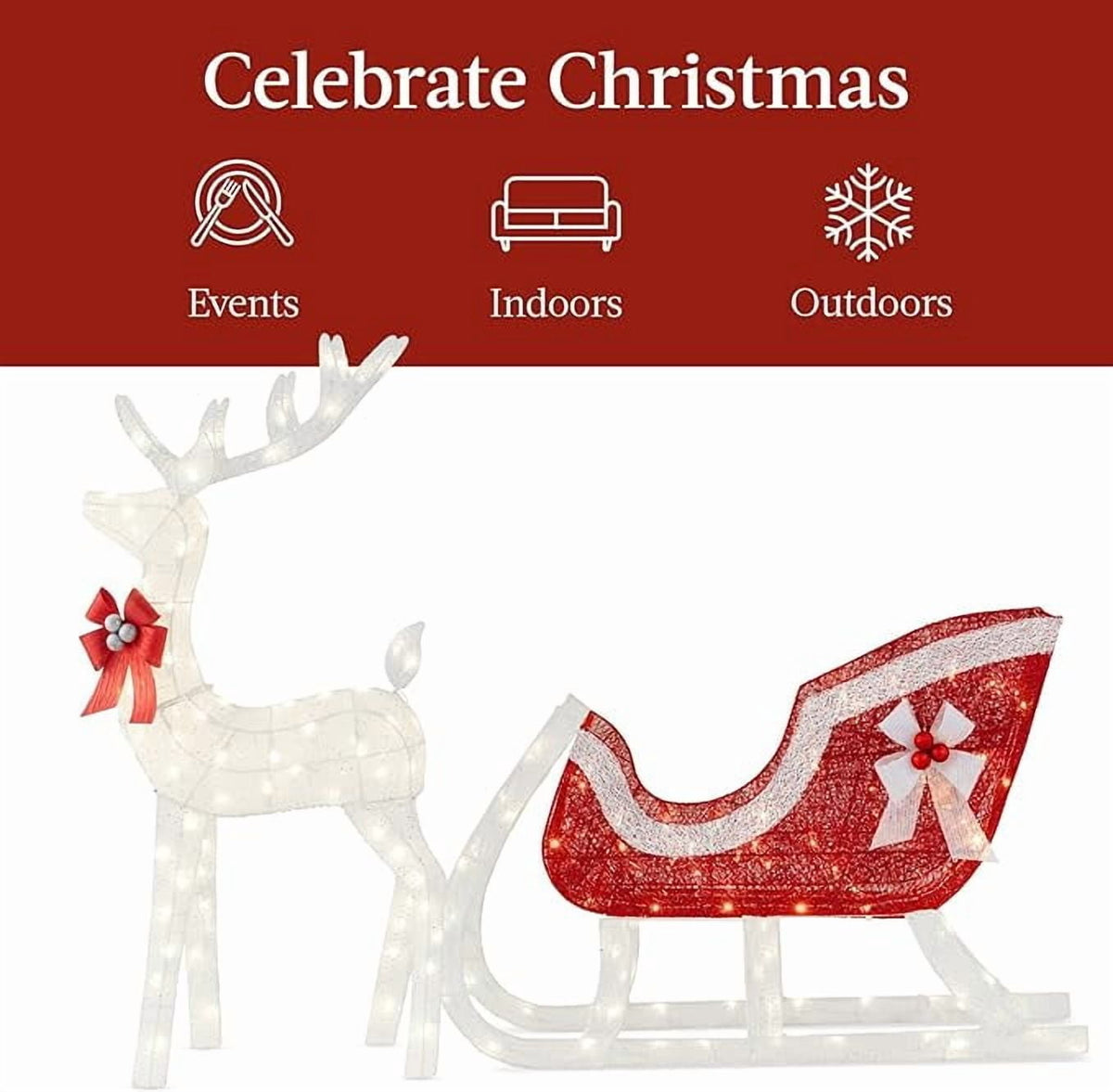 CONCETTA 4ft Lighted Christmas Reindeer & Sleigh Yard Decoration, Outdoor Holiday Lighted Display w/ 180 LED Lights, White Red