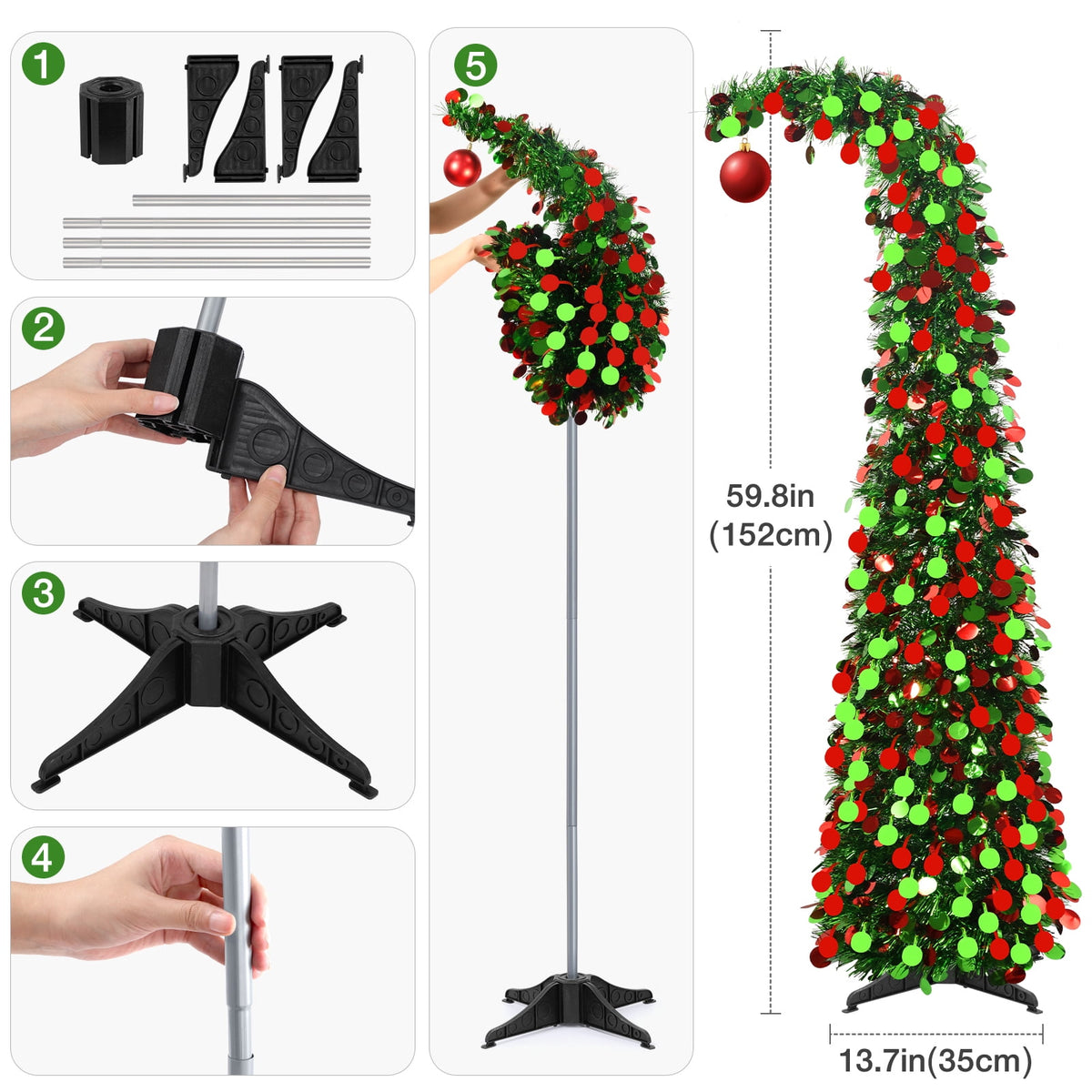 Ayieyill 5ft Pop up Christmas Tree,Color Artificial Pencil Tinsel Xmas Trees for Christmas Indoor Decorations, Collapsible Christmas Tree (Silver)
