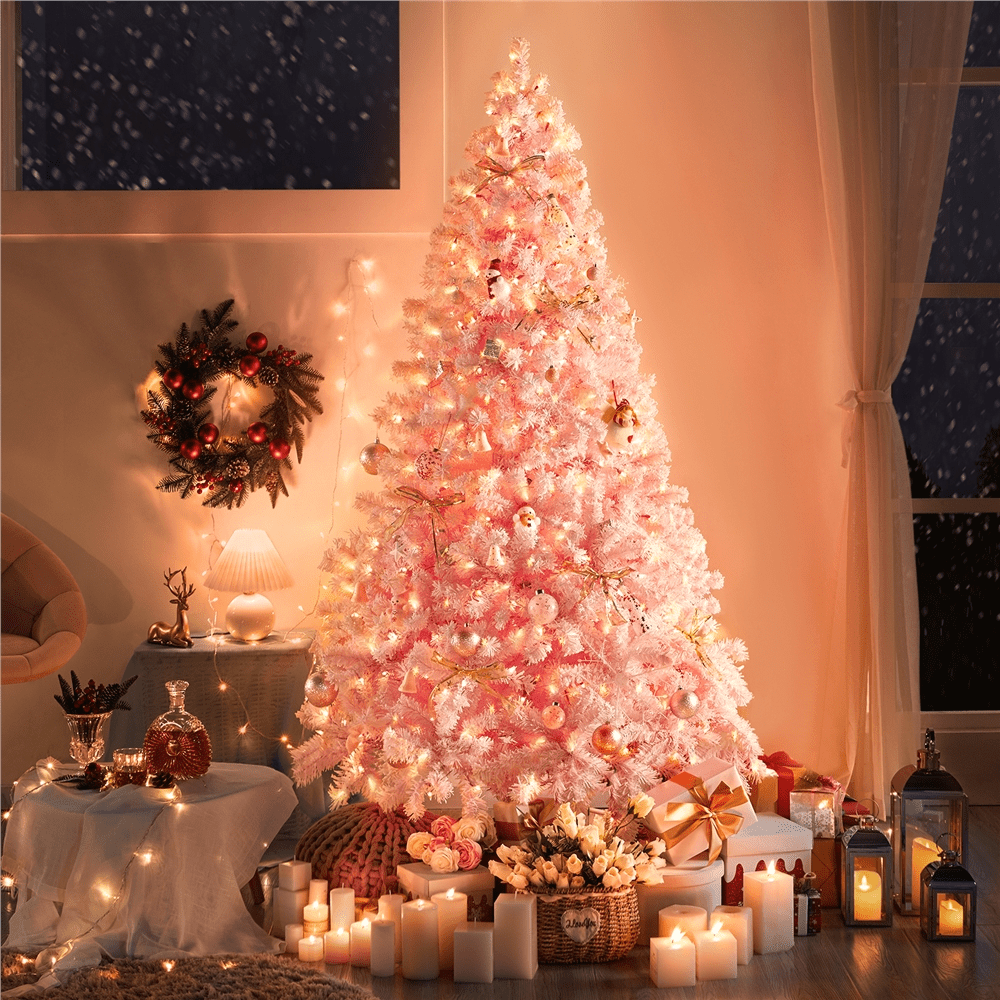 Alden Design 7.5 ft Pre-Lit Flocked Christmas Tree with Warm Lights, Frosted White