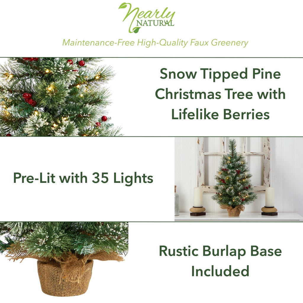 Nearly Natural 2ft. Snow Tipped Pine and Berry Artificial Christmas Tree with 35 Warm White LED Lights in Burlap Base