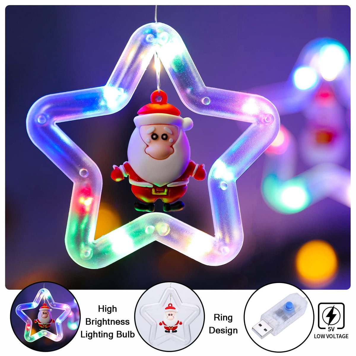 WILLED Christmas String Lights, 120 LED Window Curtain Lights with Christmas Ornaments, 9.8ft USB Powered Warm White Waterproof Fairy Lights Indoor Outdoor for Xmas Tree Patio Garden Party Home Decor