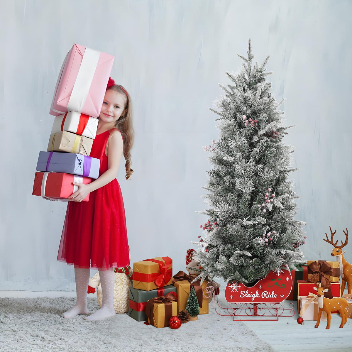 Somikis 3ft Pre-Lit Artificial Mini Christmas Tree with 78LED Lights, 8 Mode Includes Red Berries & Sleigh Base, 2 Pcs