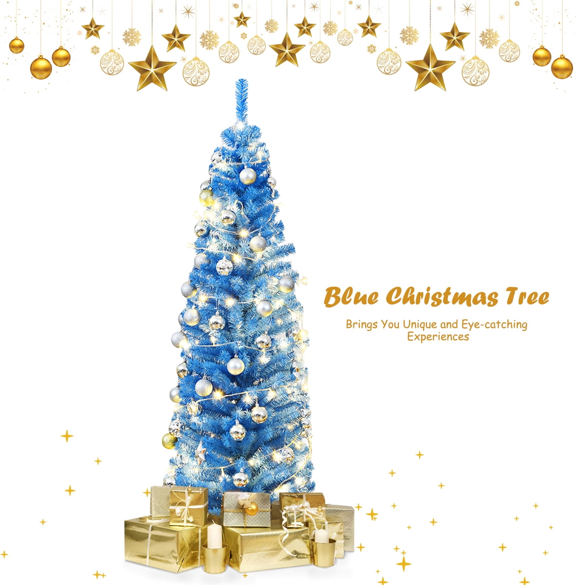 Gymax 6ft Pencil Artificial Christmas Tree Electroplate Pencil Tree (Blue)