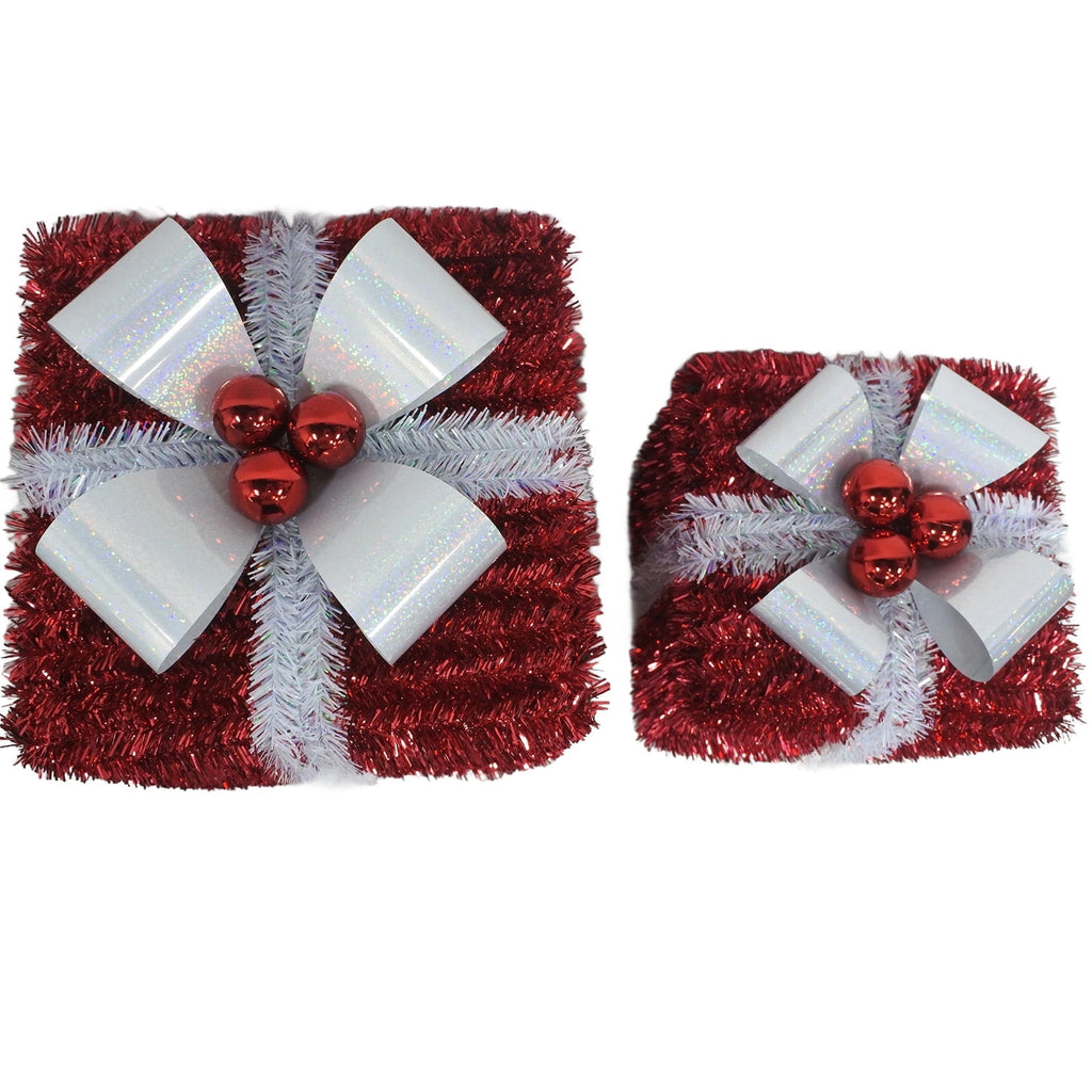 Tinsel Gift Boxes Christmas Decorations, Red and Silver, 2 Piece, by Holiday Time