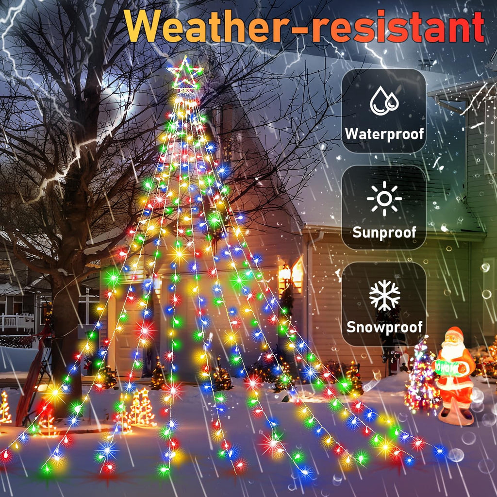 New Outdoor Christmas Decoration Lights Plug-in 8 Modes & 350 LED Christmas String Waterfall Fairy Tree Lights Indoor Outdoor Holiday Lighting Decorations, Multicolor