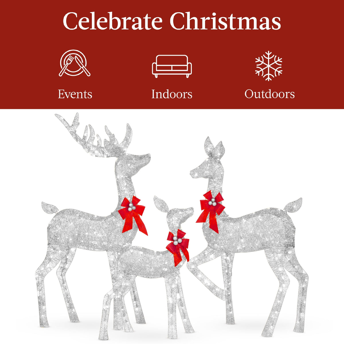 Best Choice Products 3-Piece Lighted Christmas Deer Set Outdoor Yard Decoration w/ 360 LED Lights, Stakes - White