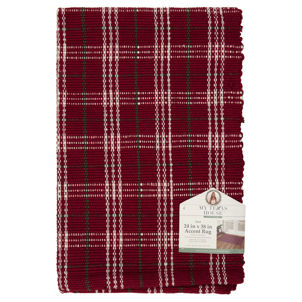 My Texas House Red Holiday Plaid Indoor/Outdoor Layering Christmas Rug, 24" x 38"