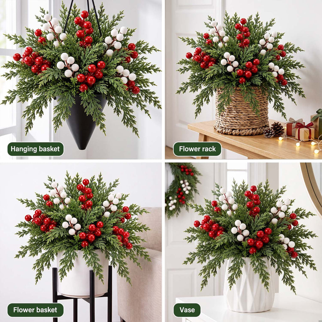 Ayieyill 39 Pack Artificial Pine Branches, 13.5 Inch Christmas Greenery Stems with Red & White Berries for Vase DIY Christmas Decorations Indoor