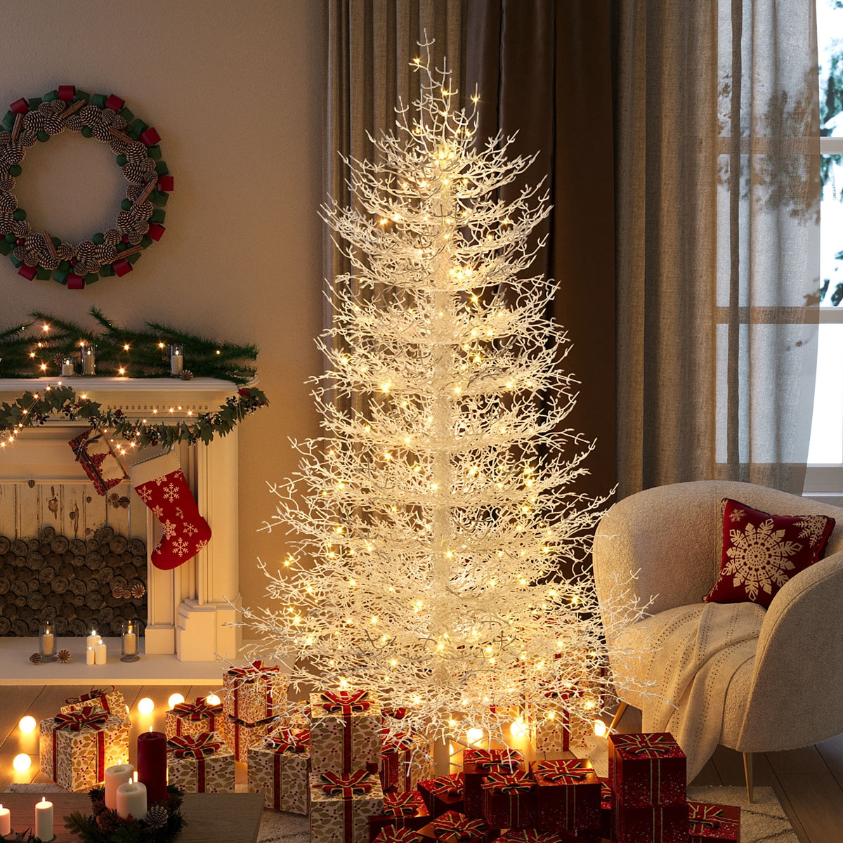 4FT Pre-lit Aspen Fir Artificial Christmas Tree, UHOMEPRO Hinged Xmas Tree 280 Snow Flocked Branch Tips, 230 Warm White LED Lights, Holiday Coral Christmas Tree for Home Party