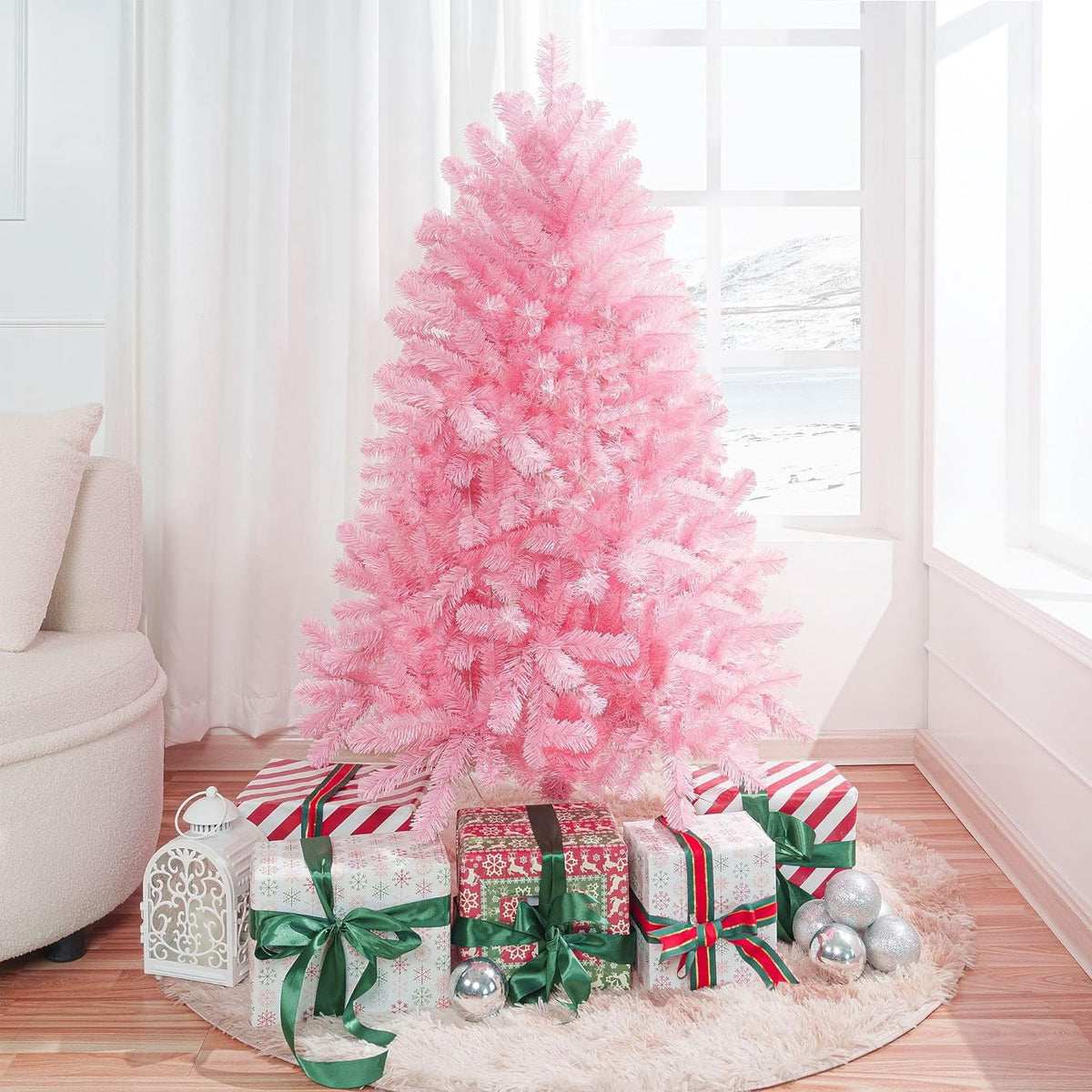 Naomi Home 7.5ft Gold Christmas Tree with Lights, Unique Colored Christmas Tree Prelit with 1412 Branch Tips, 600 Warm Lights and Metal Stand, Aritificial Christmas Tree