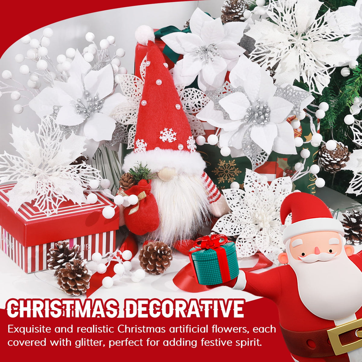 Ayieyill 56Pcs Poinsettia Christmas Flowers Decorations Christmas flower ornaments Artificial Glitter Berry Stems Christmas Pine Cones Christmas Tree Ornaments Set Christmas Tree Decorations (Blue)