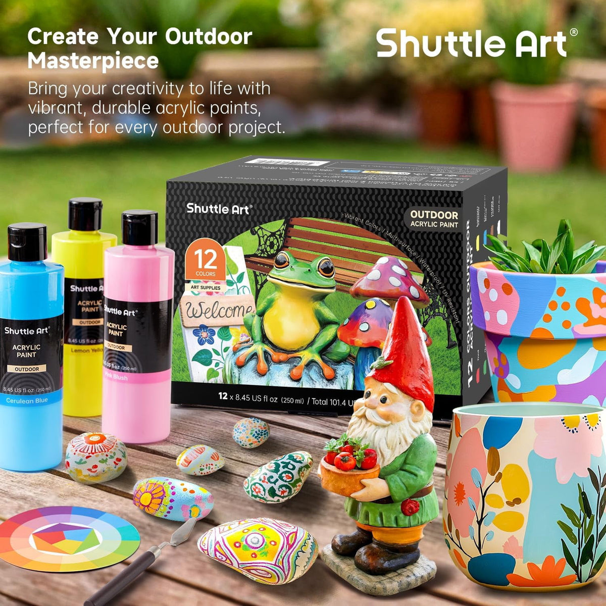 Shuttle Art Outdoor Acrylic Paint Set, 12 Colors Waterproof Paint, 8.45oz/250ml Large Bottles, Rich Pigmented Bulk Painting Supplies on Rocks, Wood, Wall, Crafts, Garden Statues