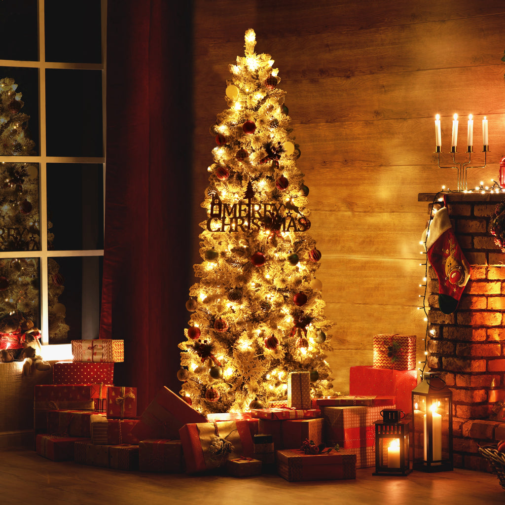 VEIKOUS 6.5ft Pre-lit Pencil Christmas Tree Slim w/250 LED Lights & Metal Stand, Green