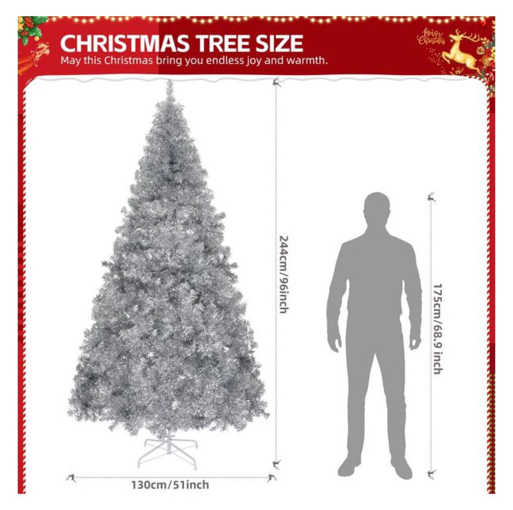 8ft Pre-Lit Silver Christmas Tree, 1350 Tips, 500 Lights, Hinged Xmas Pine Tree with Remote, Indoor Holiday Decorations