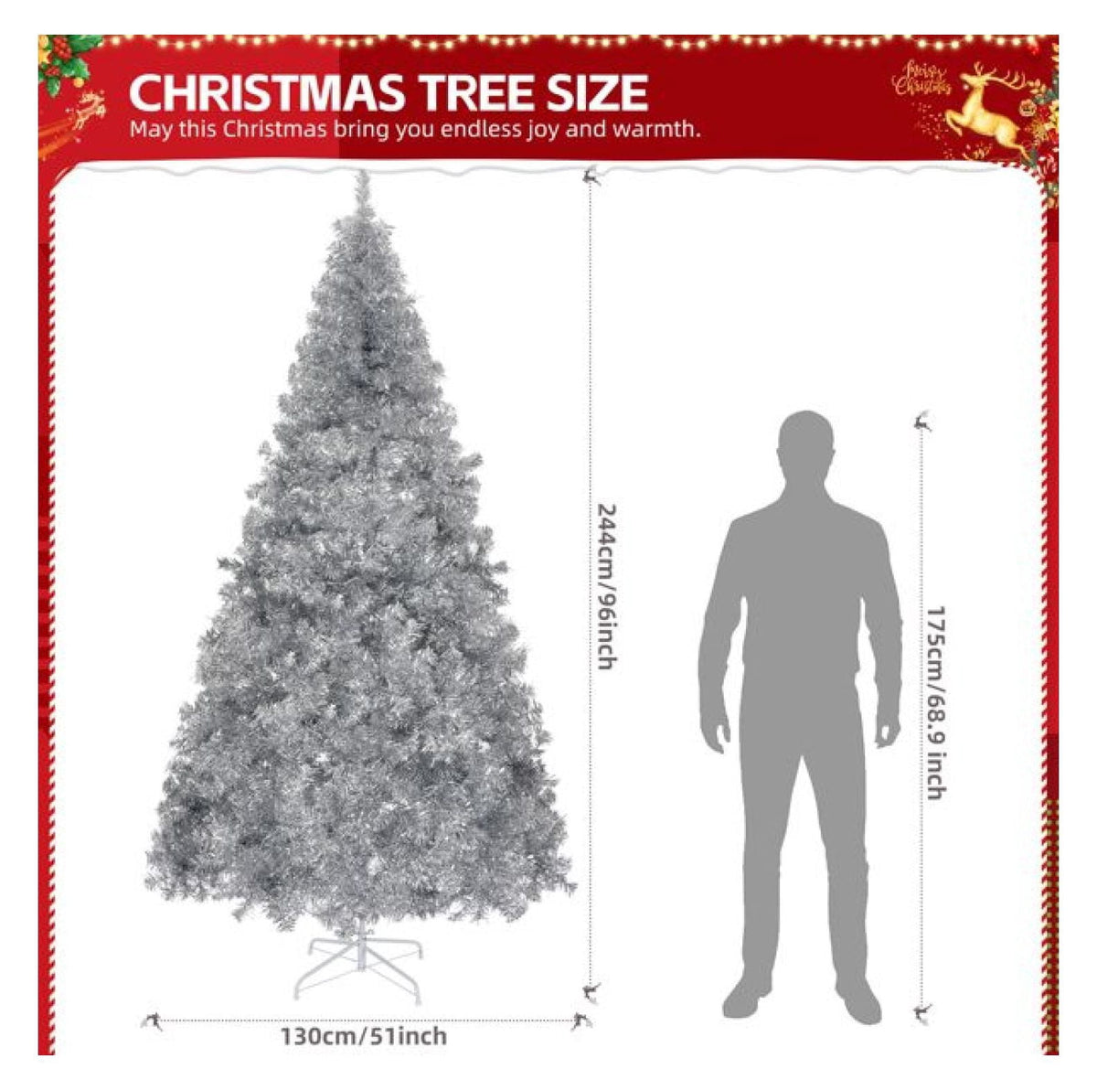 8ft Pre-Lit Silver Christmas Tree, 1350 Tips, 500 Lights, Hinged Xmas Pine Tree with Remote, Indoor Holiday Decorations