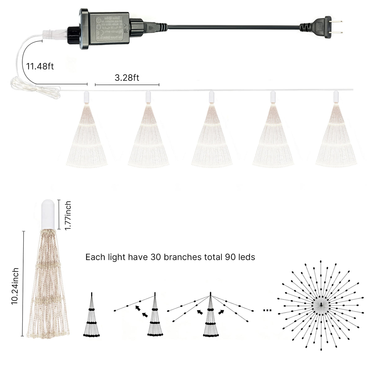 5-Pack LED Firework Lights, 450 LED Starburst String Lights with 8 Modes, Plug In Waterproof Fairy Christmas Lights for Garden Patio Indoor Outdoor Decor, Cool White