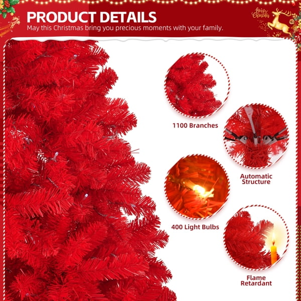 7FT Pre-Lit Red Christmas Tree - 1100 PVC Branch Tips, 400 LEDs, 10 Modes w/Remote, Flame-Retardant Artificial Holiday Centerpiece
