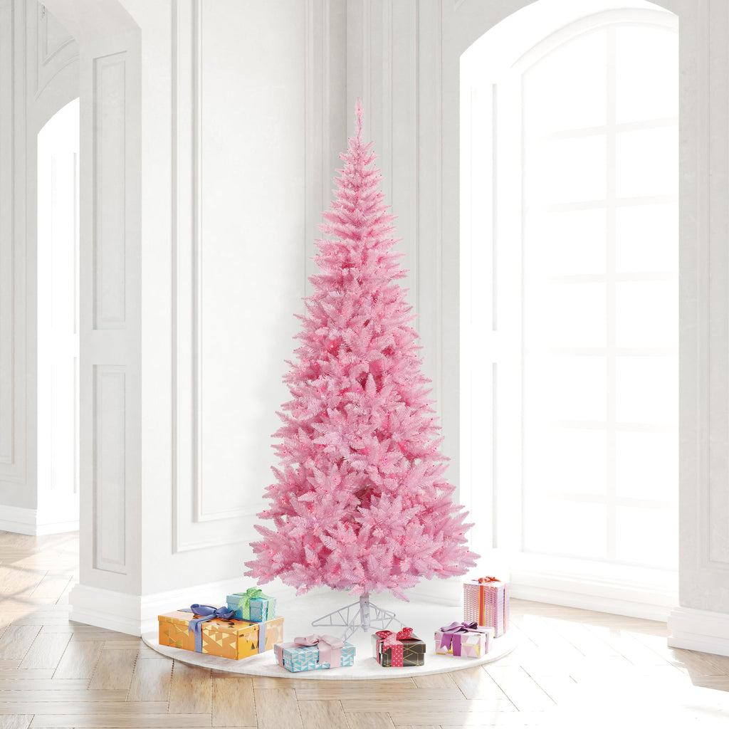 Vickerman 7.5' Pink Fir Slim Artificial Christmas Tree with Pink Dura-lit LED Lights