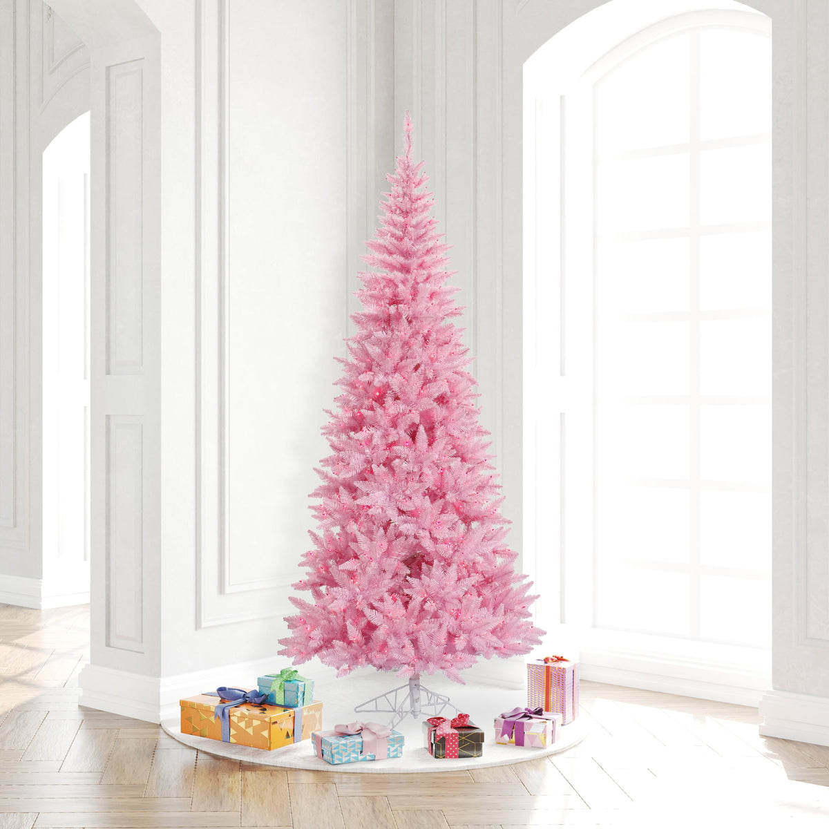 Vickerman 7.5' Pink Fir Slim Artificial Christmas Tree with Pink Dura-lit LED Lights
