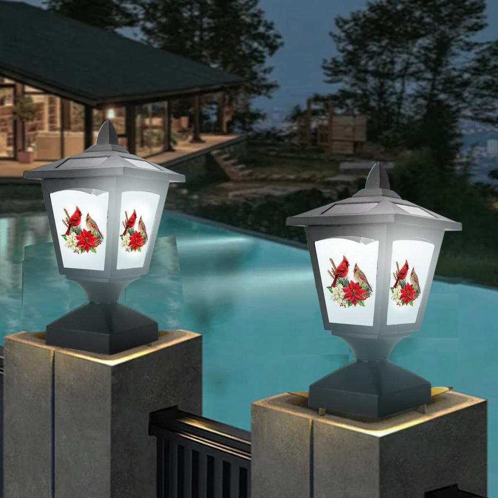 Solar Post Lights Outdoor, 2 Pack, Wood Fence Posts, Pathway, Deck, Halloween/Thanksgiving/Christmas Decoration (Three Snowman)