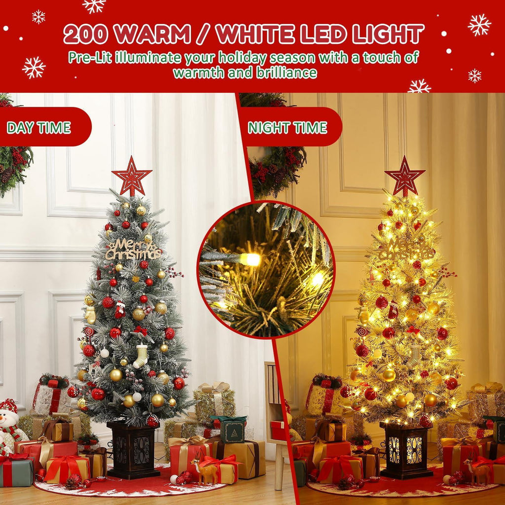 Pre-lit Artificial Christmas Tree 4.5ft Snow Flocked, 386 Tips, 200 Lights, Antique Urn Base, 2 PCS