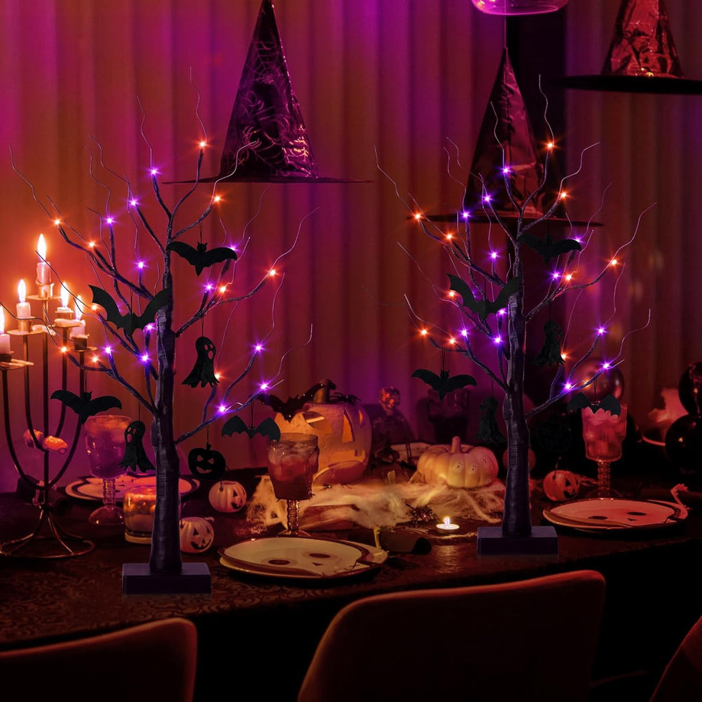 2-Pack Halloween Decor: 2FT Pre-lit Black Halloween Trees with 48 Orange & Purple LEDs, Battery Operated with Timer Function, Perfect for Spooky Tabletop Displays, Home Parties & Indoor Decorations.