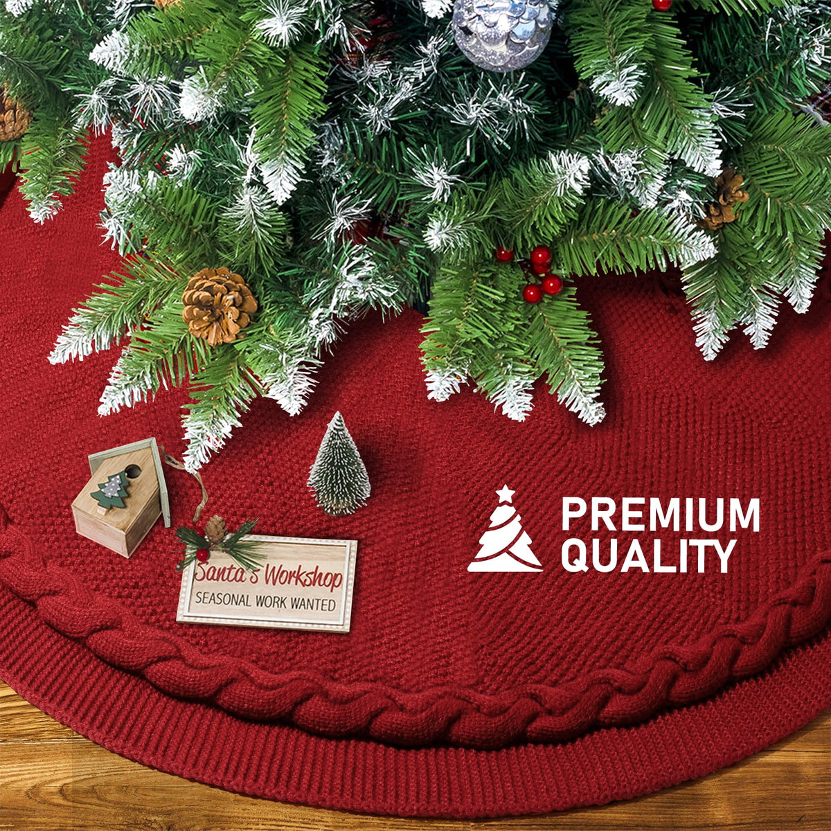 Ayieyill Christmas Tree Skirt, 48 inches Cable Knit Knitted Thick Rustic Xmas Tree Skirts Decoration, Red Tree Skirt Christmas Decoration, Burgundy