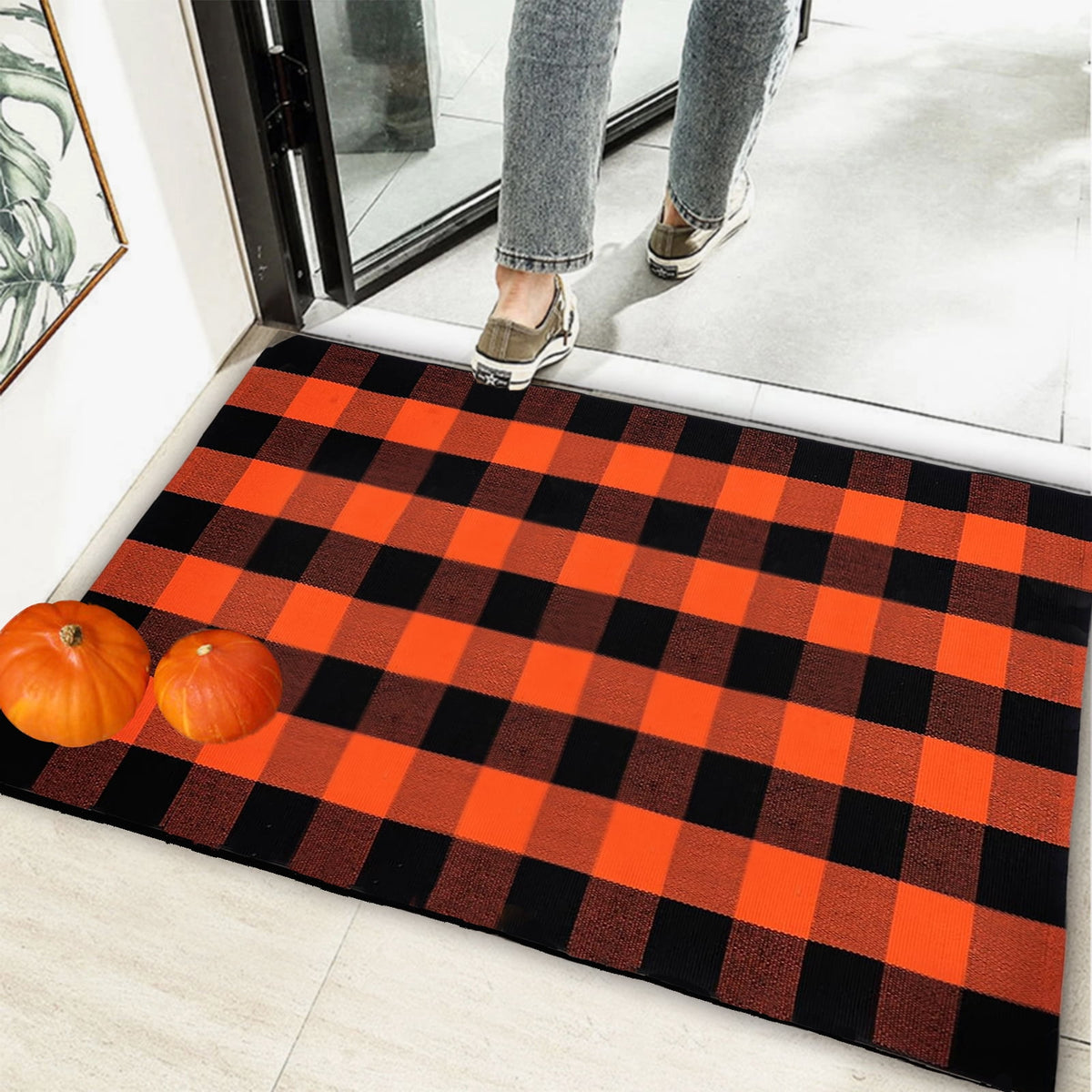 euoloart Buffalo Plaid Orange Black Doormat, 27.5x43 inch Washable Outdoor Mat for Front Porch Entryway