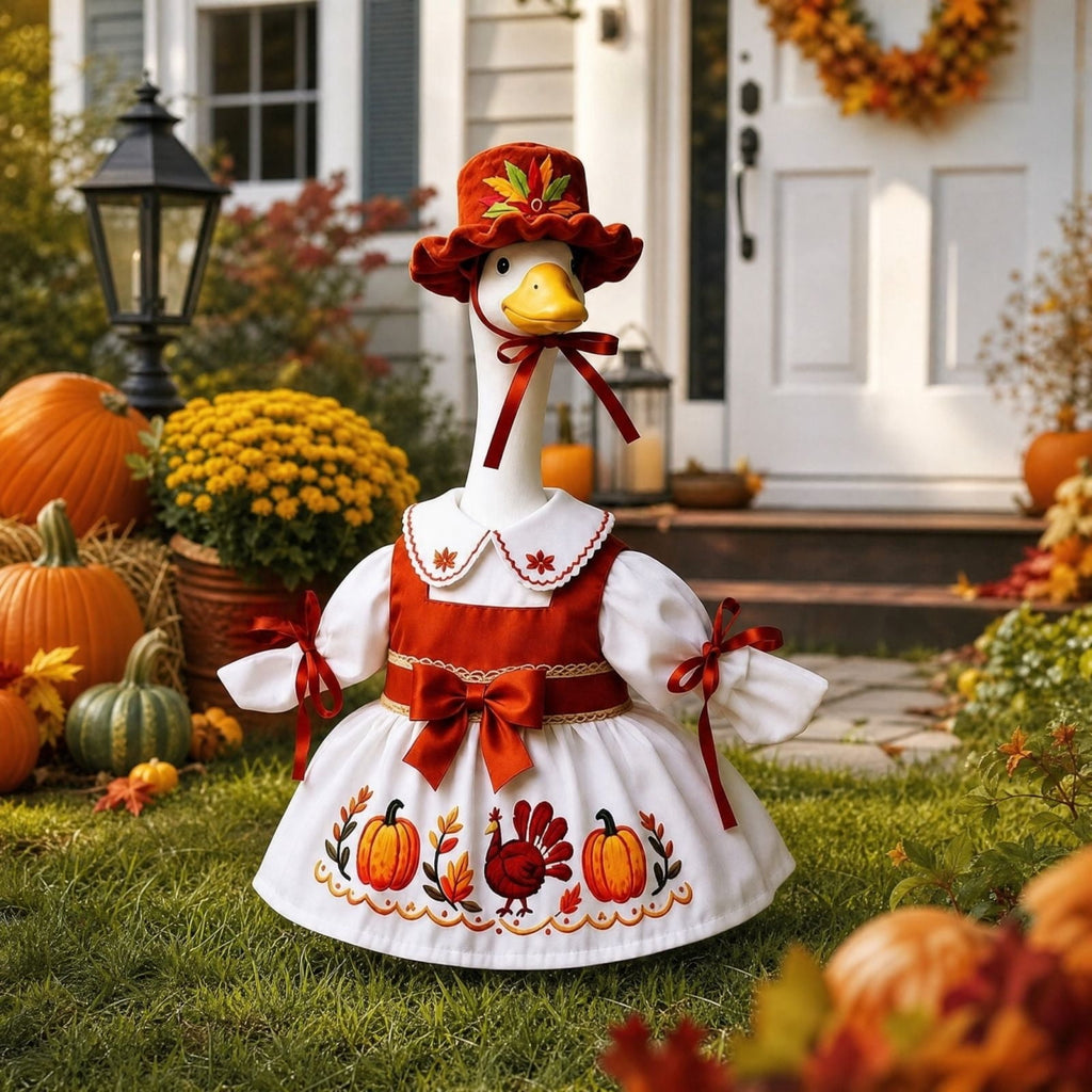 AZXY Thanksgiving Porch Goose Outfit, 23 Inch Lawn Goose Costume with Pilgrim Hat & Pumpkin Turkey Print Dress, Goose Clothes for Cement Plastic Goose Statue, Outdoor Yard Patio Fall Garden Decor
