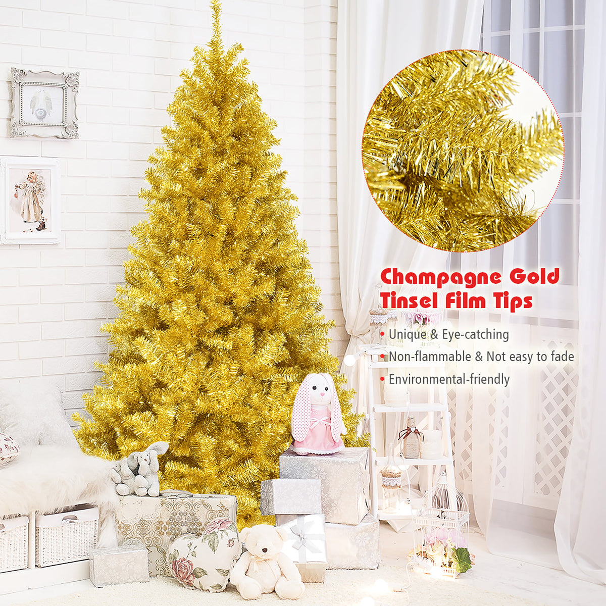 Costway 7.5 FT Artificial Christmas Tree Hinged Unlit Xmas Tree Silver