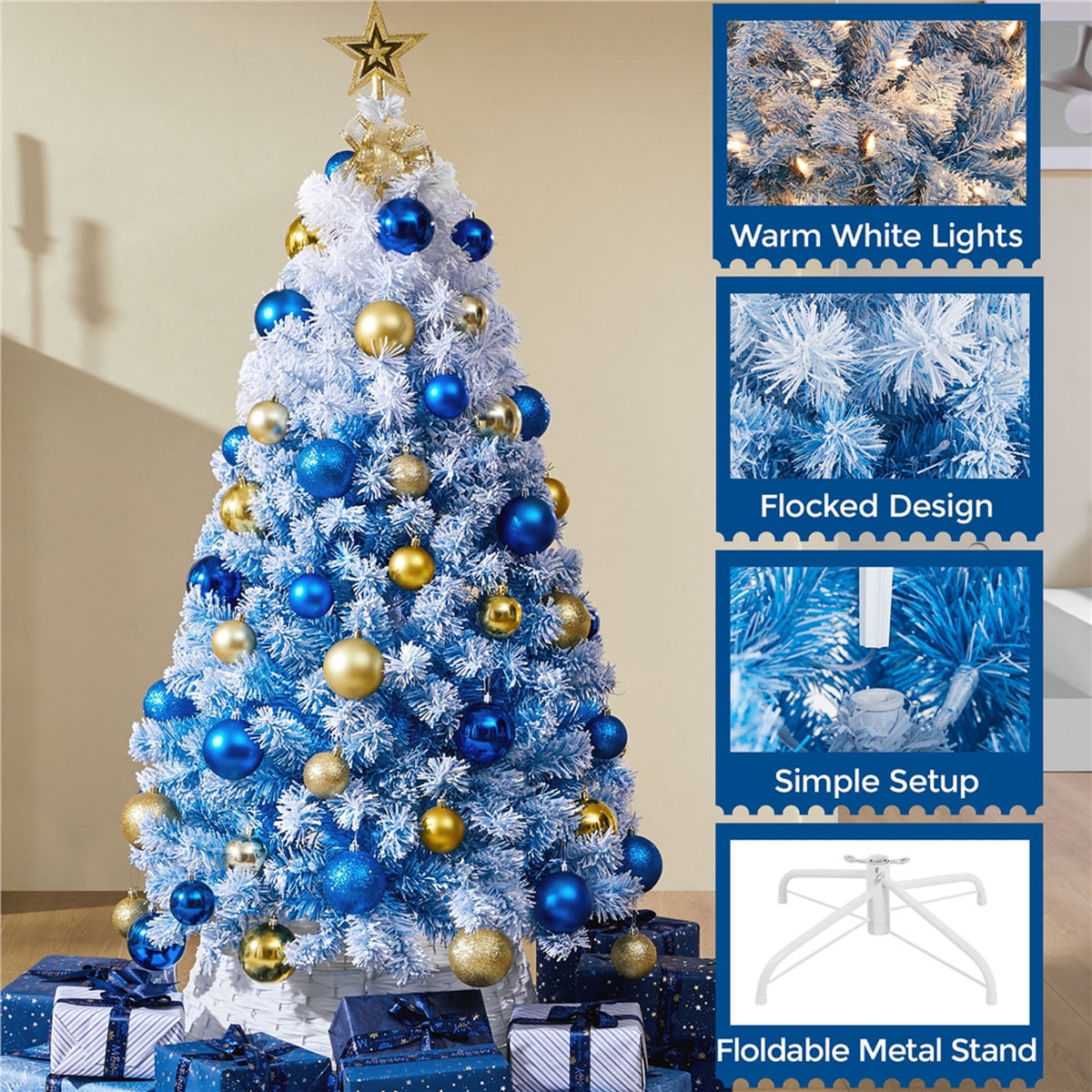 Alden Design 7.5 ft Pre-Lit Flocked Christmas Tree with Warm Lights, Frosted White