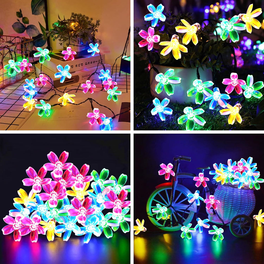 Rirool Cherry Blossom Solar String Lights Outdoor, 23FT 50 LED Flower Fairy Lights with 2 Lighting Modes, IP65 Waterproof Auto On/Off for Garden Patio Wedding Christmas Decor, Multicolor