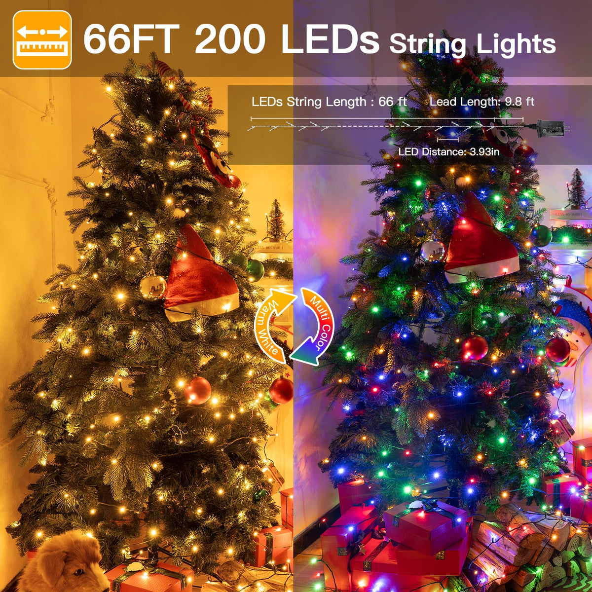 Ollny 66ft 200 LED Christmas String Lights, 11 Lighting Modes 3 Timing Waterproof Indoor Outdoor Color Changing Christmas Lights for Decorations