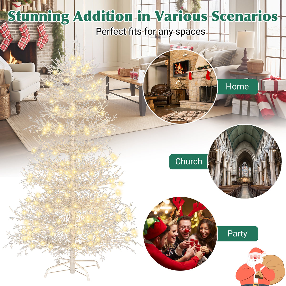 4FT Pre-lit Aspen Fir Artificial Christmas Tree, UHOMEPRO Hinged Xmas Tree 280 Snow Flocked Branch Tips, 230 Warm White LED Lights, Holiday Coral Christmas Tree for Home Party