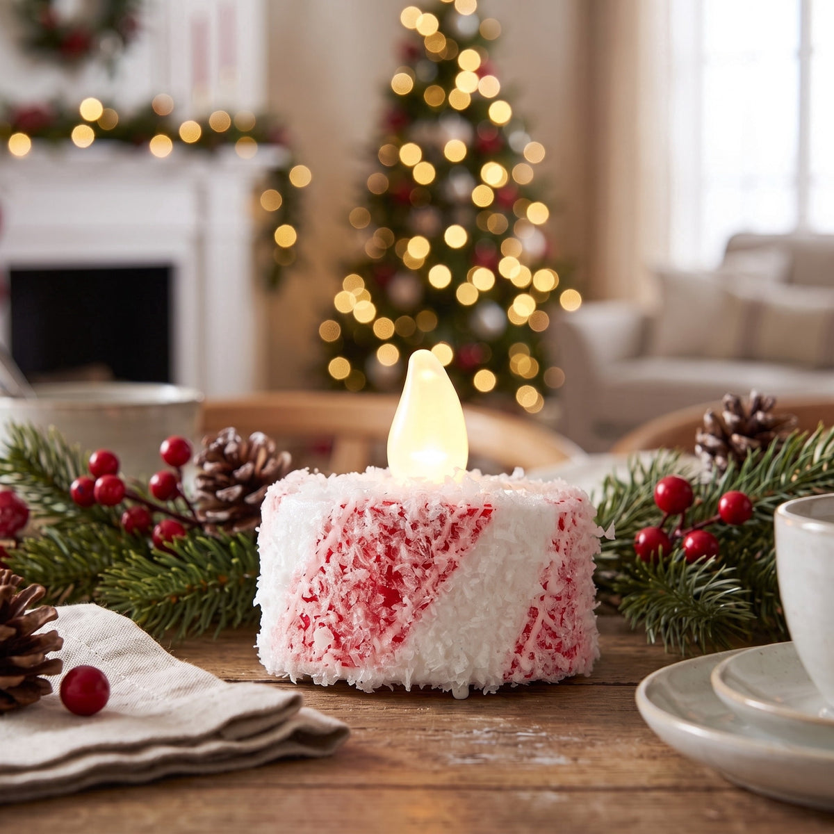 Indoor Battery-Operated LED Plastic Flameless Candy Cane Christmas Tealight Candles, Red and White, 1.5", 6 Count, by Holiday Time