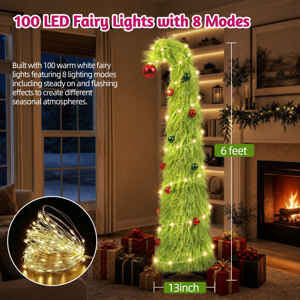 6FT Slim Pop Up Halloween Thanksgiving Tree with Fairy Lights Harvest Tree with Maple Leaves Pumpkins Foldable Collapsible Pencil Fall Tree for Outdoor Porch Patio Deck Living Room Decor