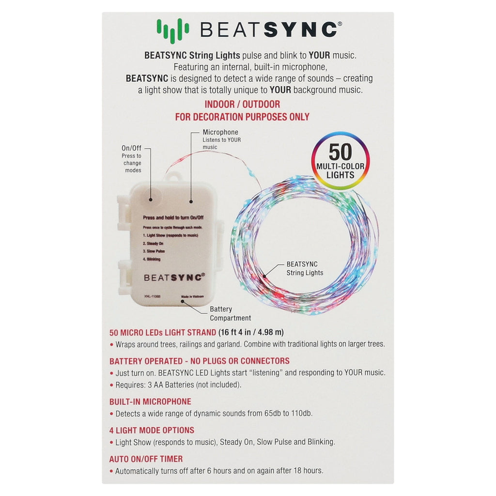 Beatsync Christmas 50 Count Multi-Color LED String Lights Sets, Holiday Lighting, Battery Operated