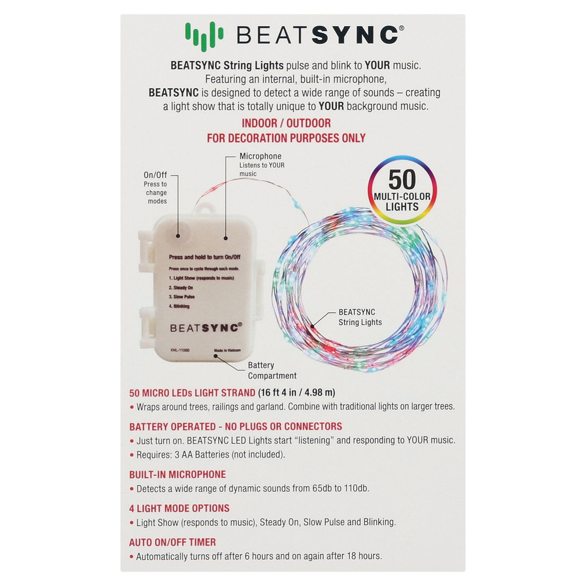 Beatsync Christmas 50 Count Multi-Color LED String Lights Sets, Holiday Lighting, Battery Operated