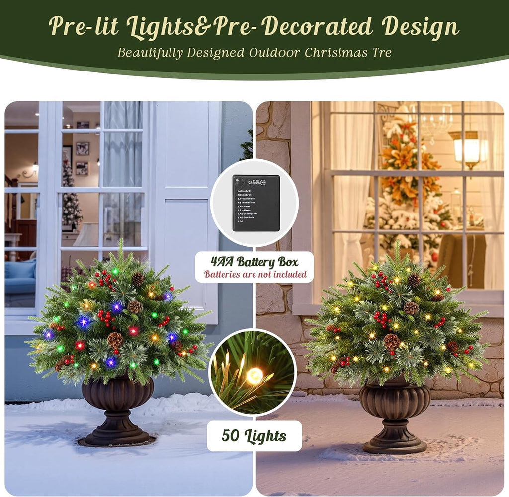 Lolsea Set of 2 18 Inch Pre-lit Outdoor Christmas Tree with Multi-Color Lights, Timer, Battery Operated, Lighted Pathway Urn Filler with Pine Cones