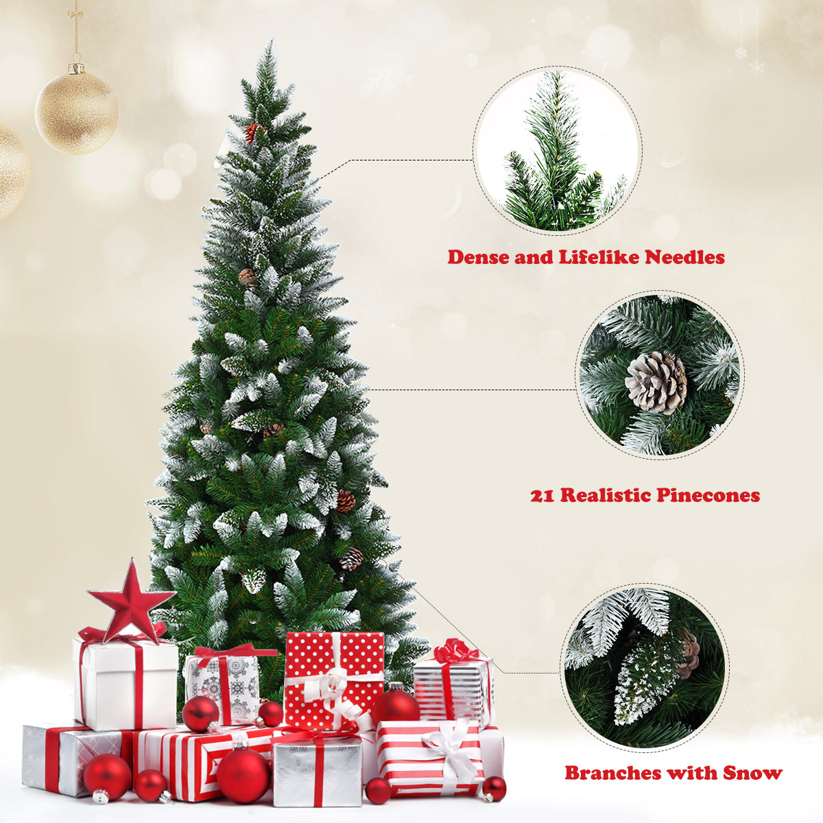 Gymax 5ft Snow Flocked Pencil Christmas Tree Classic Realistic PVC Needles W/Pine Cones
