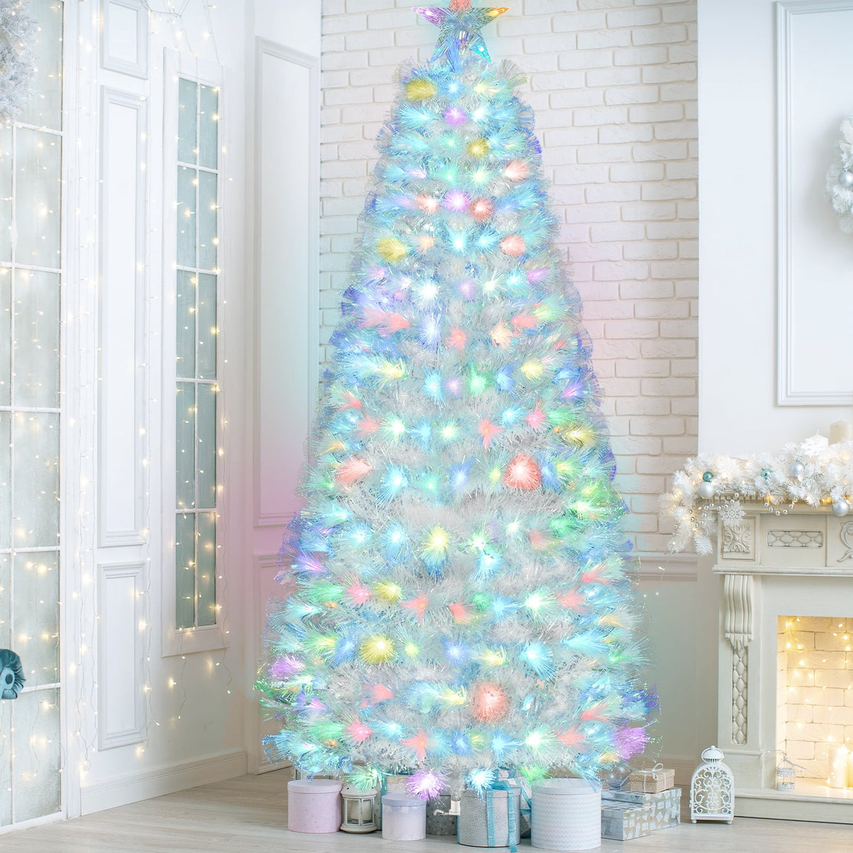 Vowella 6ft Fiber Optic Christmas Tree, Pre-Lit White Tree with Color Changing Lights & Star Topper & Sturdy Base for Home & Party