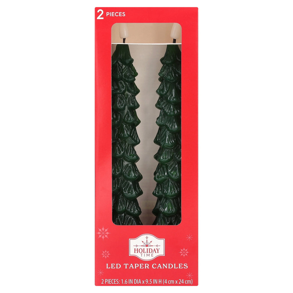 Indoor Battery-Operated LED Plastic Flameless Christmas Tree Taper Candles, Green, 9.5", 2 Count, by Holiday Time